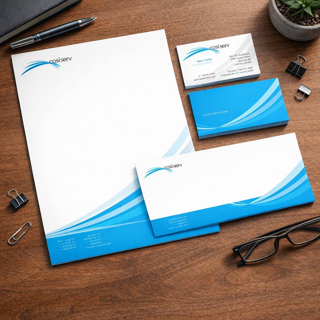Easy•Serv brand identity system showing the logo, wave symbol, and blue colour palette applied across B2B materials.