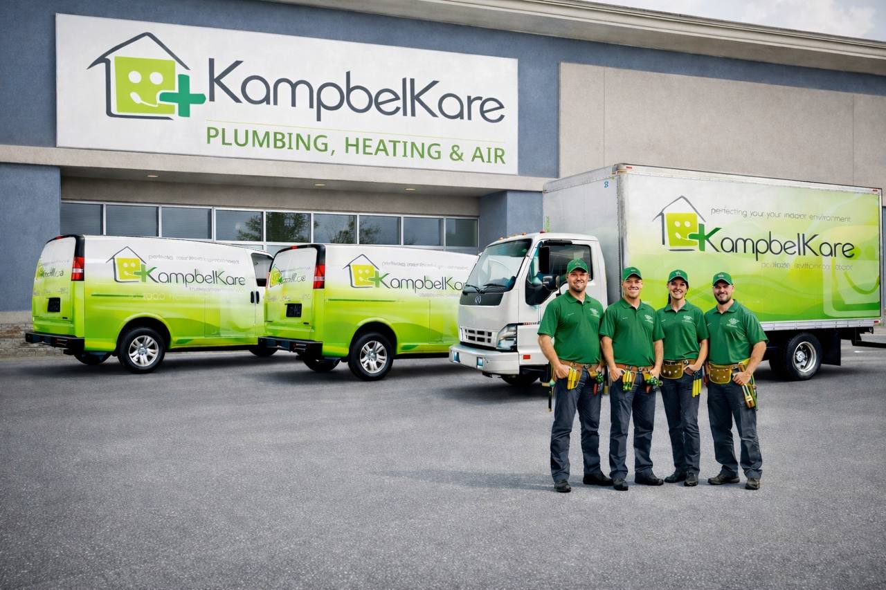 CampbellCare branding and marketing visuals for plumbing, heating and air services