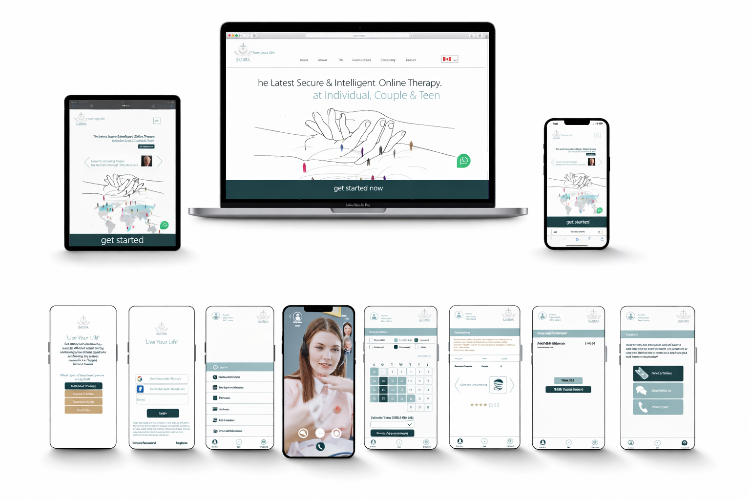 SAHYA Online Psychology Platform shown across desktop, tablet, and mobile devices