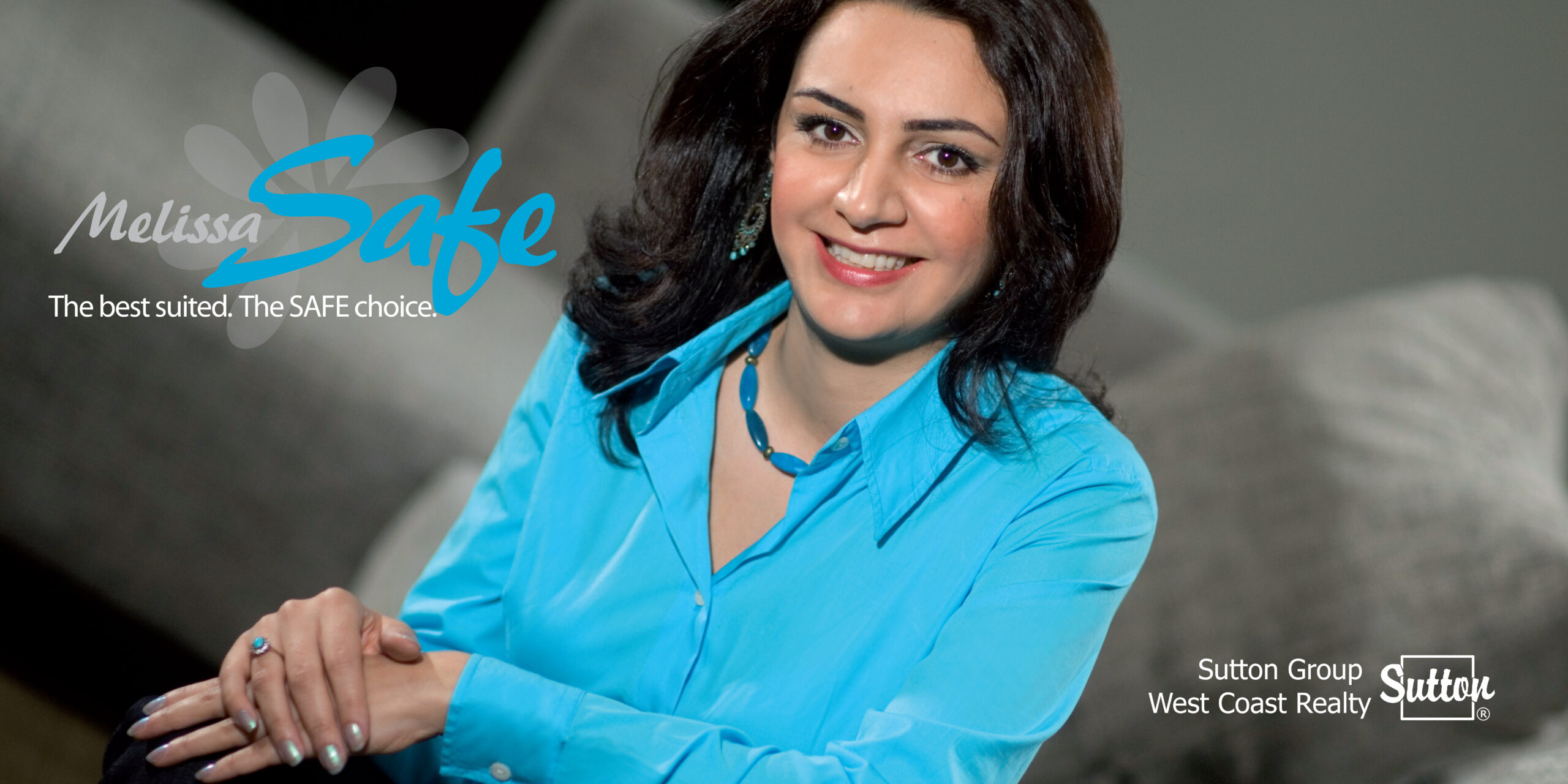 Melissa Sake realtor brand portrait with teal shirt, warm smile, and calm approachable energy